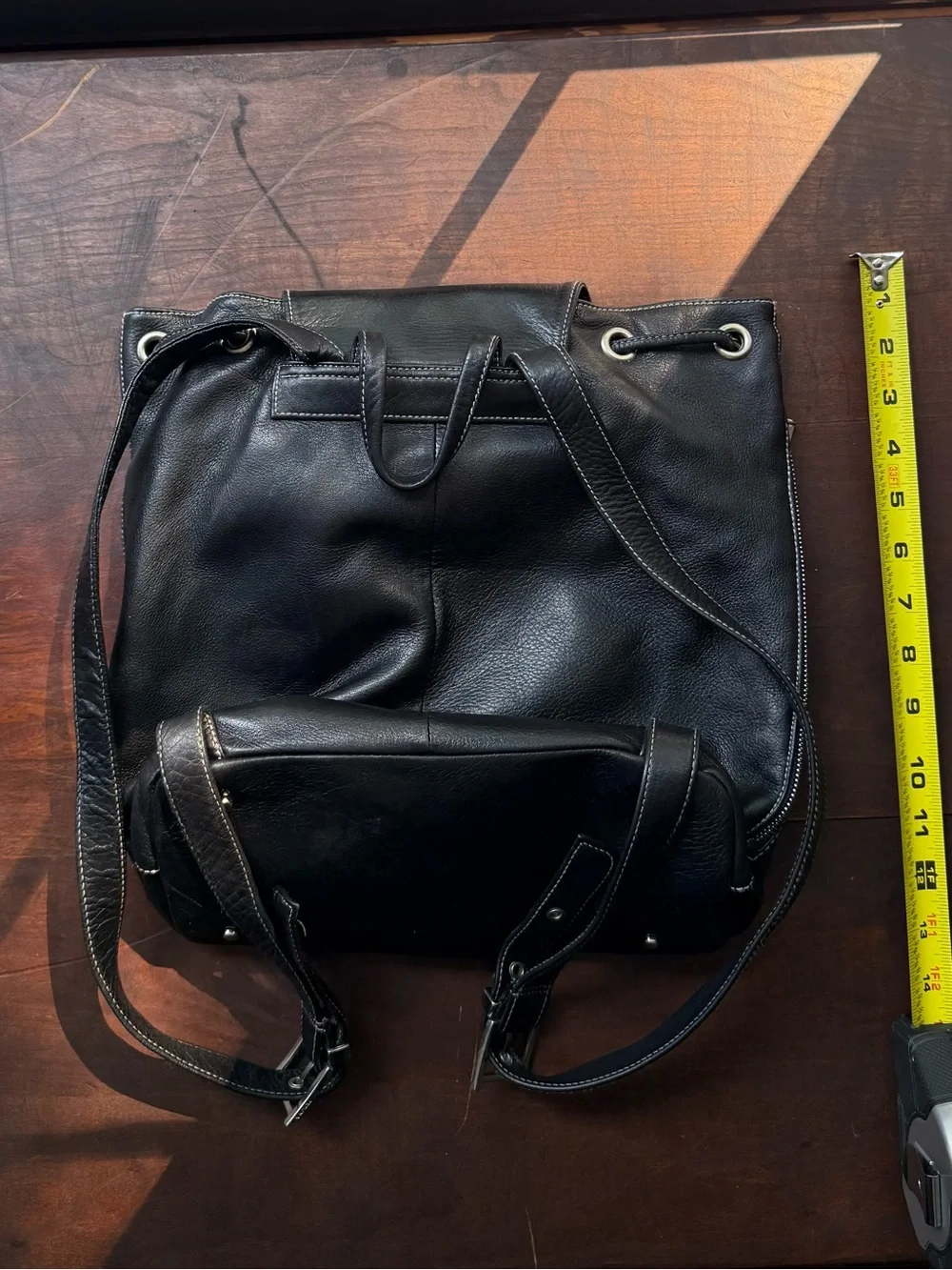 Vintage Perlina New York Black Leather Backpack Purse Drawstring 90s Y2K
